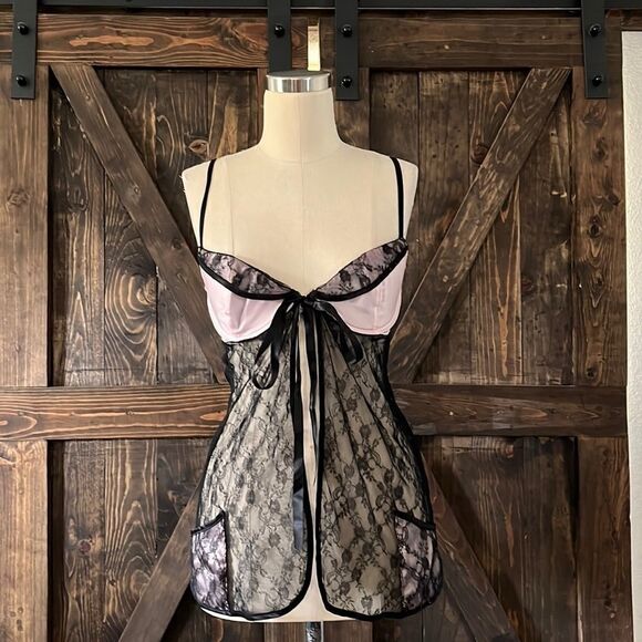 Victorias Secret Black Lace Sheer Lingerie Babydoll Teddie 34D - Picture 1 of 9